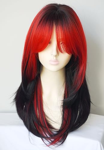 Layered wigs with bangs highlights black red ombre layered wigs layered wig 27inches synthetic wig Highlight for white women (Black red ombre) - Black red ombre