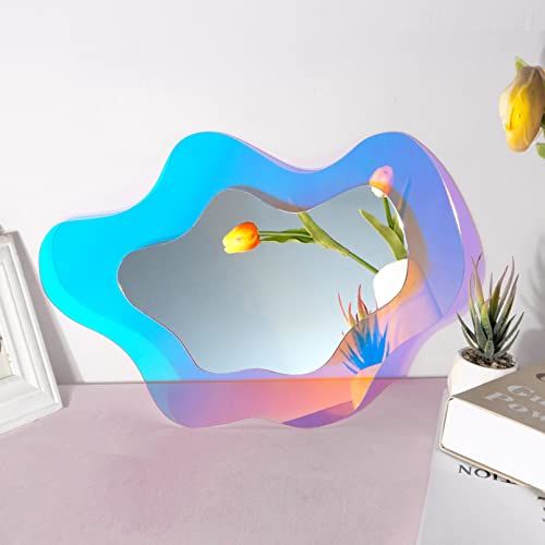Irregular Wall Mirror Wavy Acrylic Rainbow Mirror Room Decor Aesthetic Mirror Amorphic Vanity Retro Mirror for Bedroom Living Room Bathroom Entryway Wall Decor ( Clouds Style, 15.5 x 10.5 Inch ) - Clouds style, 15.5 x 10.5 Inch