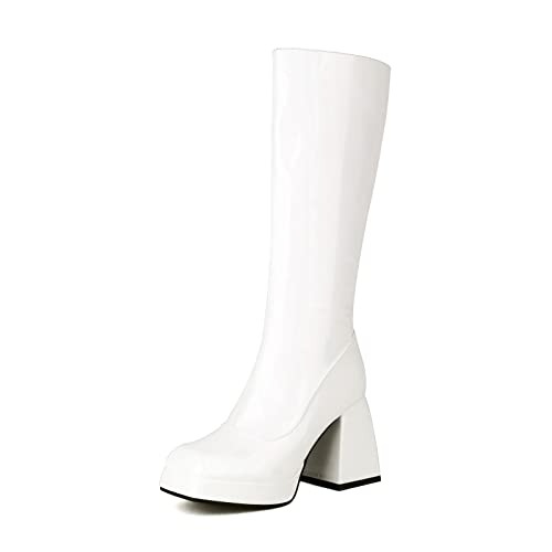 Kirliner Womens Go Go Boots 70s Platform Square Toe Slouch Boots Chunky Heel Block Knee High Boots for Cosplay Costume - 5.5 - White