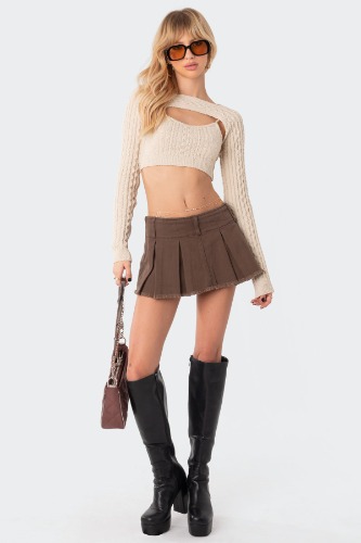 Washed Denim Pleated Micro Skort | OLIVE / S