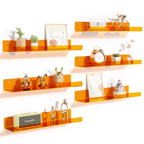 upsimples 6 Pack Acrylic Shelves for Wall Storage, 15" Floating Bookshelves for Kids, Display Shelf Organizer for Bathroom, Bedroom, Living Room, Kitchen, Room Decor, Clear Orange