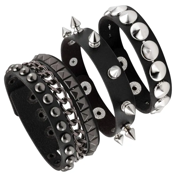 Eigso Black Leather Bracelet Punk Spike Rivet Cuff Bangle Metal Studded Halloween Wristband for Women Men - A