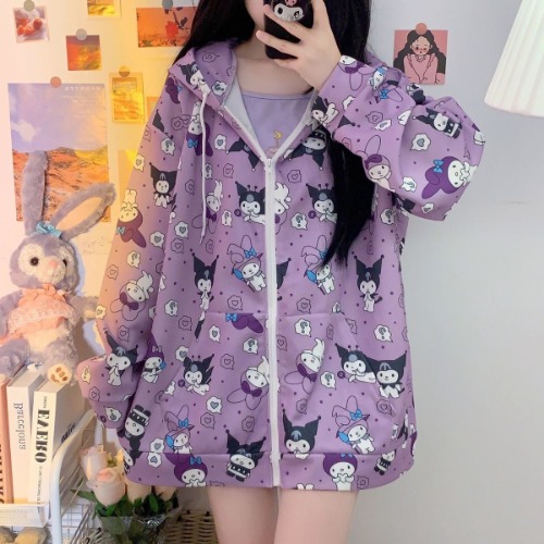 Pastel Goth Bunny Zip Up Hoodie - Purple / L