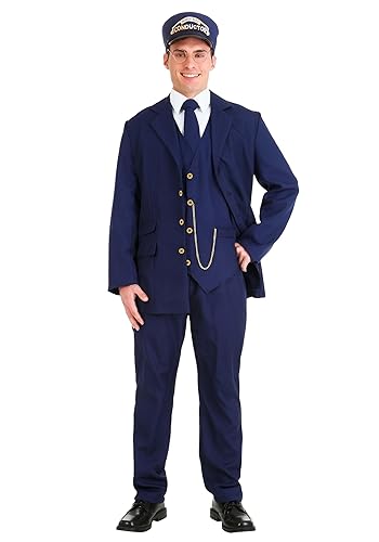 Adult North Pole Train Conductor Costume Mens, Railroad Crew Halloween Outfit, Suited Railway Operator Costume - Medium - Bundle W/ Spectacle