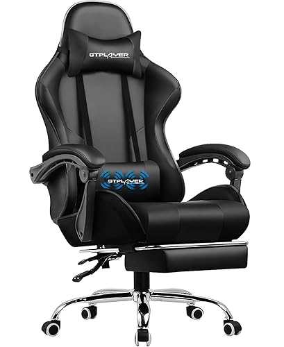 GTPLAYER Gaming Chair, Computer Chair with Footrest and Lumbar Support, Height Adjustable Game Chair with 360°-Swivel Seat and Headrest and for Office or Gaming (Faux Leather, Black) - Black - Faux Leather