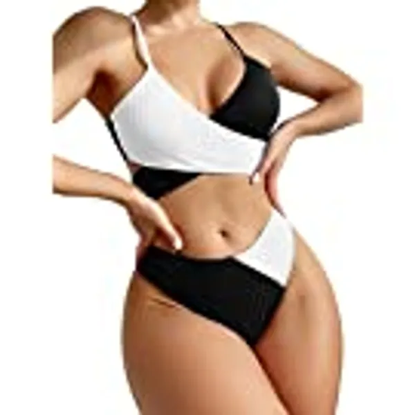 SheIn Women's Swimsuits Cross Wrap Tie Back Bikini Top Color Block Bathing Suits