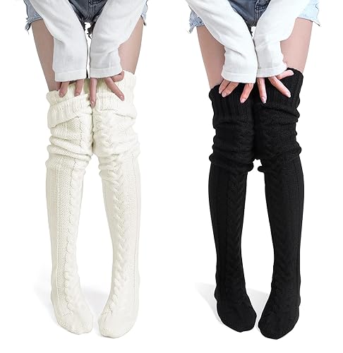 Pcavin Women's Thigh High Socks Over the Knee Cable Knit Boot Socks, Long Warm Fashion Leg Warmers Winter - One Size - 2pcs-beige&black