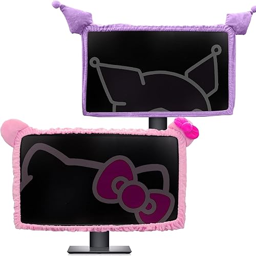 Kakurookie 23'' - 34'' Computer Monitor Protective Cover with Cat Ear Design, Cute Monitor Dust Cover with Furry Design, Elastic Dustproof, Suitable for PC, Tablet, TV - 27-34in - Purple+Pink