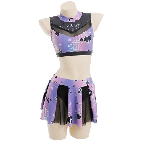 Purple and Black Holographic Pastel Goth Cheerleader Outfit Costume - S