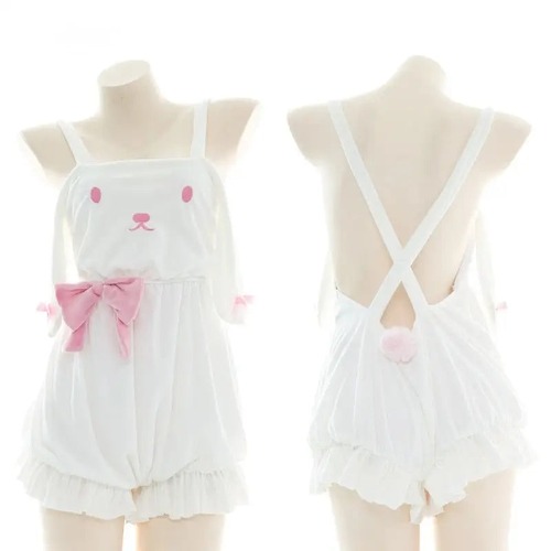 White and Pastel Pink Fairy-Kei Suspender Shortalls