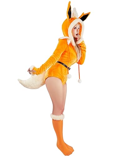 Mobbunny Cute Cartoon Animal Cosplay Costume Fuzzy Onesies Plush Hooded Romper Fluffy Jumpsuit Pajamas with Belt and Tail - Small - Orange