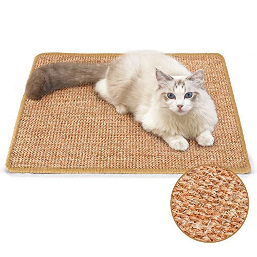FUKUMARU Cat Scratcher Mat, 23.6 X 15.7 Inch Natural Sisal Cat Scratch Mats, Horizontal Cat Floor Scratching Pad Rug with Sticky Velcro Tapes, Protect Couch and Carpets - Brown-23.6 x 15.7 Inch