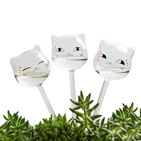 KiKiHeim Plant Watering Globes Glass Self Watering Globes, Hand Blown Clear Plant Watering Devices for Vacations, Gifts for Family and Friends, 3 Cats - 3 cats