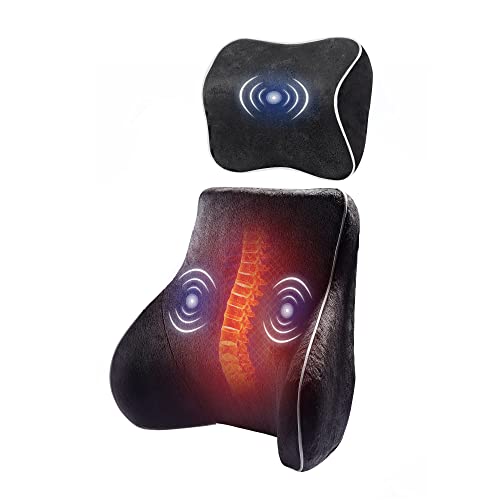 COMFIER Lumbar Support Pillow for Chair,Back Support Pillow,Memory Foam Backrest,Back Massager Cushion with Heat for Back Pain Relief, 5 Massage Modes & 2 Heat Levels,for Car,Office Chair,Recliner