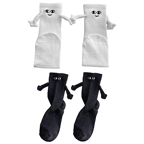 2 Pairs Funny Magnetic Suction 3D Doll Couple Socks - Couple Holding Hands Socks - Hand in Hand Socks Friendship Socks Magnet, Mid-Tube Cute Socks with S-miley Face, Gifts for Women Men - White + Black