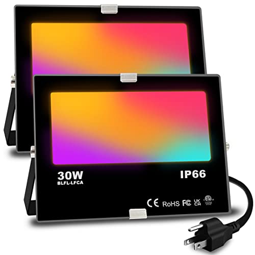 LED Flood Light Outdoor 300W Equivalent, Smart RGB Color Changing Floodlight with APP Control, Warm White 2700K -Timing - DIY Scene, IP66 Waterproof, US Plug, Yangcsl（Pack of 2)