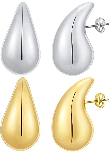 2 Pair Teardrop Earrings Dupes for Women Gold/Silver Chunky Hoop Earring Dangle Water Drop Hypoallergenic Earring Set for Women Girls - Gold-Silver
