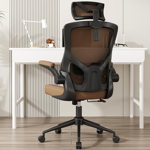 𝑯𝑶𝑴𝑬 𝑶𝑭𝑭𝑰𝑪𝑬 𝑪𝑯𝑨𝑰𝑹, Ergonomic Mesh Desk Chair, High Back Computer Chair- Adjustable Headrest with Flip-Up Arms, Lumbar Support, Swivel Executive Task Chair - Mummy Brown - Modern