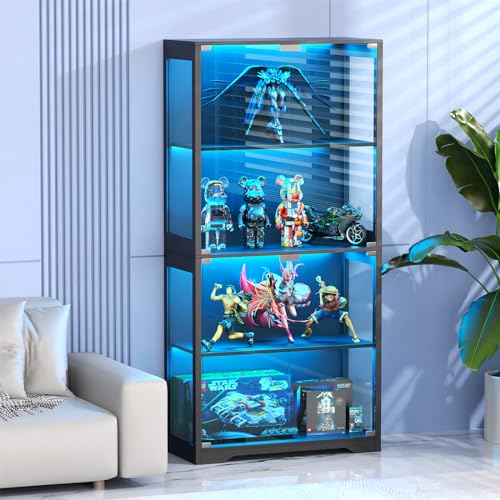 MIIFUNY Display Cabinet with Glass Doors, Storage Cabinet with 3 Color Light, 4-Tier Curio Cabinet&Bookcase for Collectibles, Toys, Books, for Playroom, Bedroom, Study Room, Black - Black