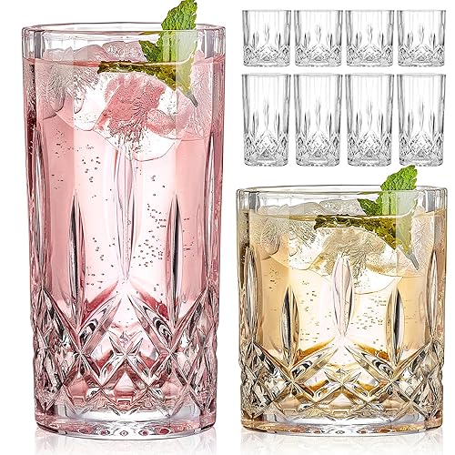 Qipecedm Drinking Glasses, 8 Piece Crystal Glass Cups, Mixed Glassware Set, 4 pcs Crystal Old Fashioned 11oz Highballs and 4 pcs 11oz Whiskey Glasses, Great for Cocktail, Whisky and other Beverages - Clear
