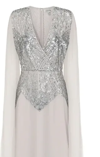 Yvonne Grey Sequin Cape Sleeve Maxi Dress | Grey