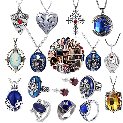 PPX 67 Set Replace The Vampire Diaries Daywalking Katherine Sapphire Crystal Pendant Necklaces Ring Earrings and 50 Pcs Vampire Diaries Stickers Movie Jewelry Set Cosplay For Fans