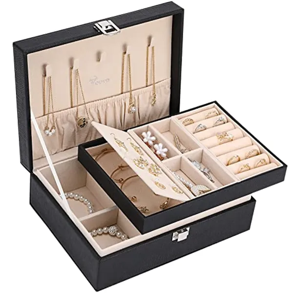 Voova Jewelry Box Organizer for Women Girls, 2 Layer Large Men Jewelry Storage Case, PU Leather Display Jewellery Holder with Removable Tray for Necklace Earrings Rings Bracelets, Vintage Gift, Black - Medium - M-Black