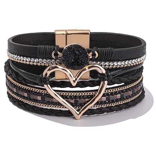 FANCY SHINY Heart Leather Wrap Bracelets Stackable Boho Cuff Bangles Trendy Resin Stone Rhinestone Bracelets with Magnetic Clasp for Women Gift Jewelry - Black