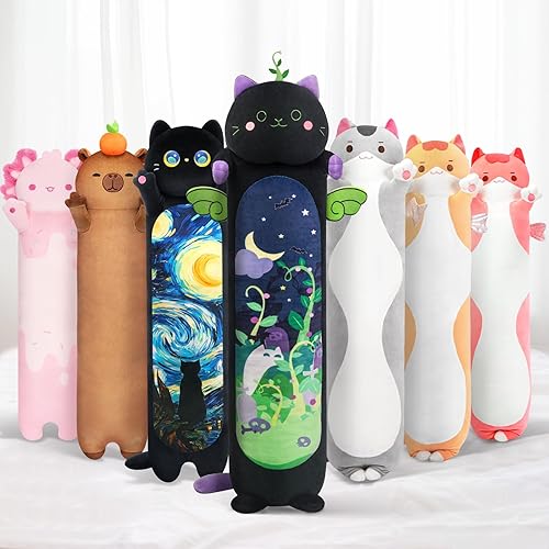 Mewaii Long Cat Plush 5 Sizes, 120% Extra Filling Giant Plushness Kids Body Pillow, Kawaii Cute Black Cat Stuffed Animals Plushies, Big Long Body Pillow Black Cat Plush Gift for Girls 20” - Black Mint Cat - 19.6in/50cm
