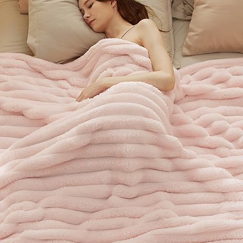 Bedsure Blankets Queen Size for Bed - Super Soft Cozy Blankets for Women, Cute Large Fleece Throws for Girls,Pink，90x90 Inches, Wider Striped Design - Crystal Pink - Queen (90" x 90")