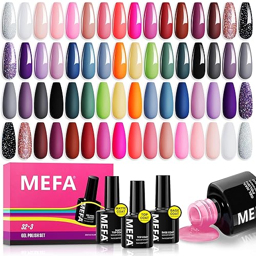 MEFA 35 Pcs Gel Nail Polish Set, 32 Colors All Seasons Collection Gel Nail Polish Kit with Base Coat No Wipe Glossy/Matte Top Coat Blue Red Pink Nail Art Manicure DIY Salon Home Gifts for Women Girls - 1-Classic Red Purple
