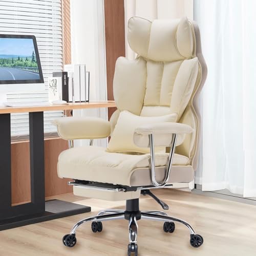 Efomao Desk Office Chair 400LBS, Big and Tall Office Chair, PU Leather Computer Chair, Executive Office Chair with Leg Rest and Lumbar Support, Beige Office Chair - Beige
