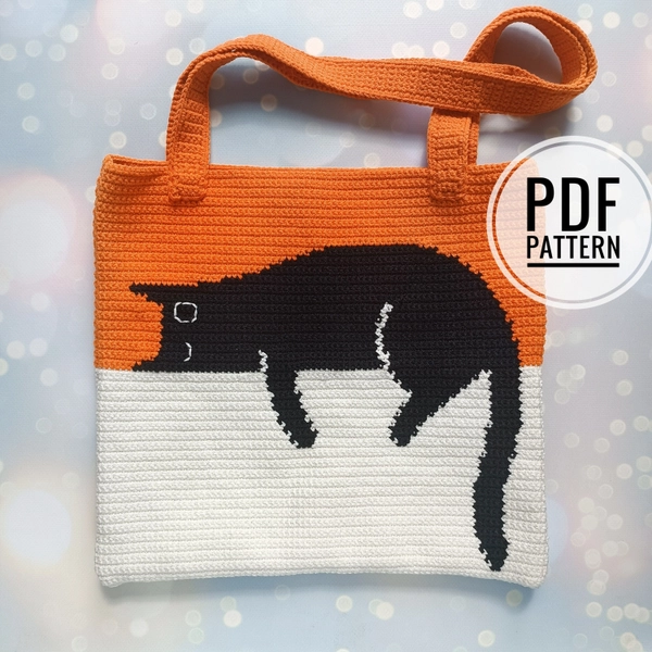 Crochet Bag Pattern, Crochet Tote Bag Pattern, Crochet Black Cat Pattern, Intarsia Crochet