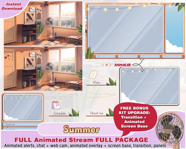 animated summer cozy room twitch package, kawaii twitch overlay, panels, alerts, web cam, streamer pack, stream overlays, vtuber cute banner