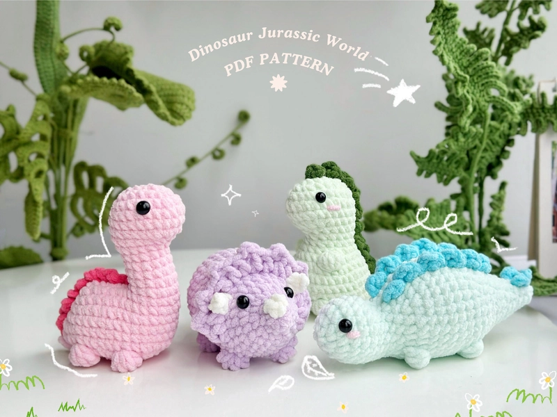 Dinosaur Jurassic World No Sew Crochet Pattern, No Sew Amigurumi Crochet Patterns | Triceratops, Tyrannosaurus, Stegosaurus, Dinosaur