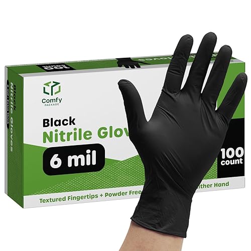 Comfy Package Black Nitrile HEAVY DUTY 6 Mil. Chemical Resistance, Latex & Powder Free, Textured Fingertips Disposable Gloves - 100 - Small
