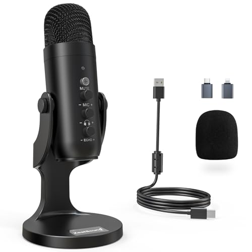 ZealSound USB Microphone,Condenser Computer PC Mic,Plug&Play Gaming Microphones for PS 4&5.Headphone Output&Volume Control,Mic Gain Control,Mute Button Vocal,YouTube Podcast on Mac&Windows(Silver) - Silver