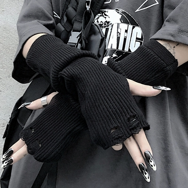 Black Harajuku Gloves,Unisex Fingerless Gloves,Shabby Hip-Hop Wrist Cuff,Wrist Wrap,Gothic Glove,Knitted Sleeve,Arm Warmer,Detachable Sleeve