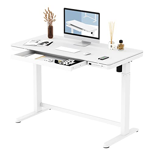 FLEXISPOT Comhar Electric Standing Desk with Drawers Charging USB A to C Port, Height Adjustable 48" Whole-Piece Quick Install Home Office Computer Laptop Table with Storage (White Top + Frame) - White - 48" Wood