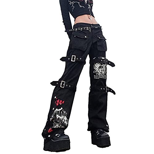 KMBANGI Women Y2K High Waisted Jeans Gothic Baggy Denim Pants Loose Casual Pants Trousers Streetwear - A-black - Medium