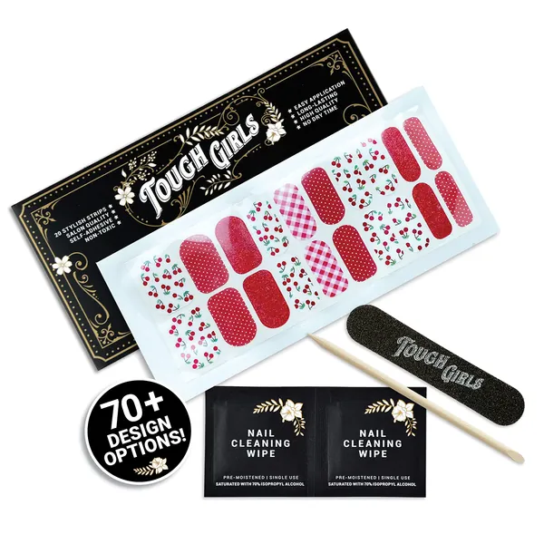 TOUGH GIRLS | Nail Polish Strips | 20 Stylish Strips | Brighter, Thicker, Tougher | Includes Cuticle Stick, Nail File, & Nail Wipes (Red Glitter, Dots & Cherries)