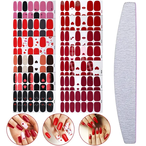 14 Sheets Valentine Nail Art Stickers Full Wraps Self Adhesive Nail Polish Stickers Full Nail Wraps Decals Strips Tips Nail Art Stencil Strips Manicure Accessories with Nail File for Nail Decoration