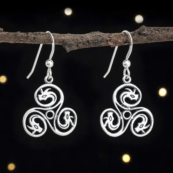 Sterling Silver Celtic Dragon Triskelion Earrings - Double Sided - Handmade, Solid .925