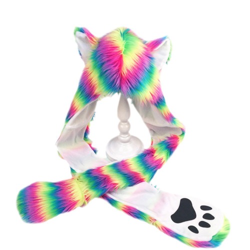 sdtdia Artificial Fur Rainbow 3-in-1 Hat Scarf Gloves Rave Spirit Animal Furry Hoddie Hat