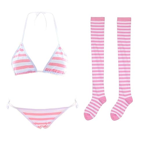 Cute Sexy Anime Lingerie Bra and Panty Set Lolita Cosplay Micro Underwear Suit Kawaii for Women - Pink + Stripe High Socks