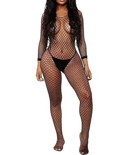 Buitifo Womens Fishnet Bodystocking Plus Size Crotchless Bodysuit Sexy Tights Soft Nightwear Lingerie - Black Qw - One Size