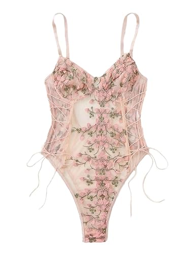 Lilosy Women Sexy Lace Up Floral Embroidered Teddy Lingerie Bodysuit Top Mesh Sheer One Piece - Medium - Pink