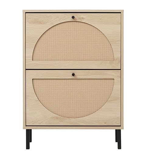 ZeHuoGe Rattan Shoe Cabinet with 2 Flip Drawers, Narrow Hidden Entrance Hallway Free Standing Shoe Rack for Heels, Slippers (Natural) - Natural