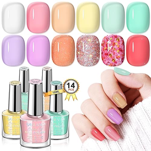 SAVILAND Nail Polish Set Quick-Dry: Summer Jelly Pastel Pink Nail Polish Kit Base-Top Coat 0.34 oz Macarons Candy Transparent Nudes Bluk Nail Polish Non Gel for Finger Toe French DIY Set Women Home - 0.34 Fl Oz (Pack of 14) - Macaron