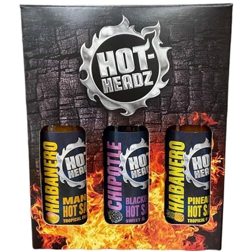 Hot Headz - Fruity Hot Sauce Gift Set Including 3x 148ml Hot Chilli Spicy Sauces. Selection Box For Any Dishes and Snacks. All Natural Flavours, Ideal As A Marinade And For Dipping.